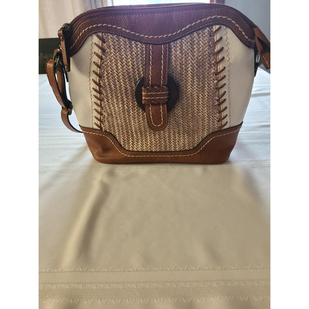 BOC  crossbody bag with white/ brown faux leather trim and a wood-ring detail.